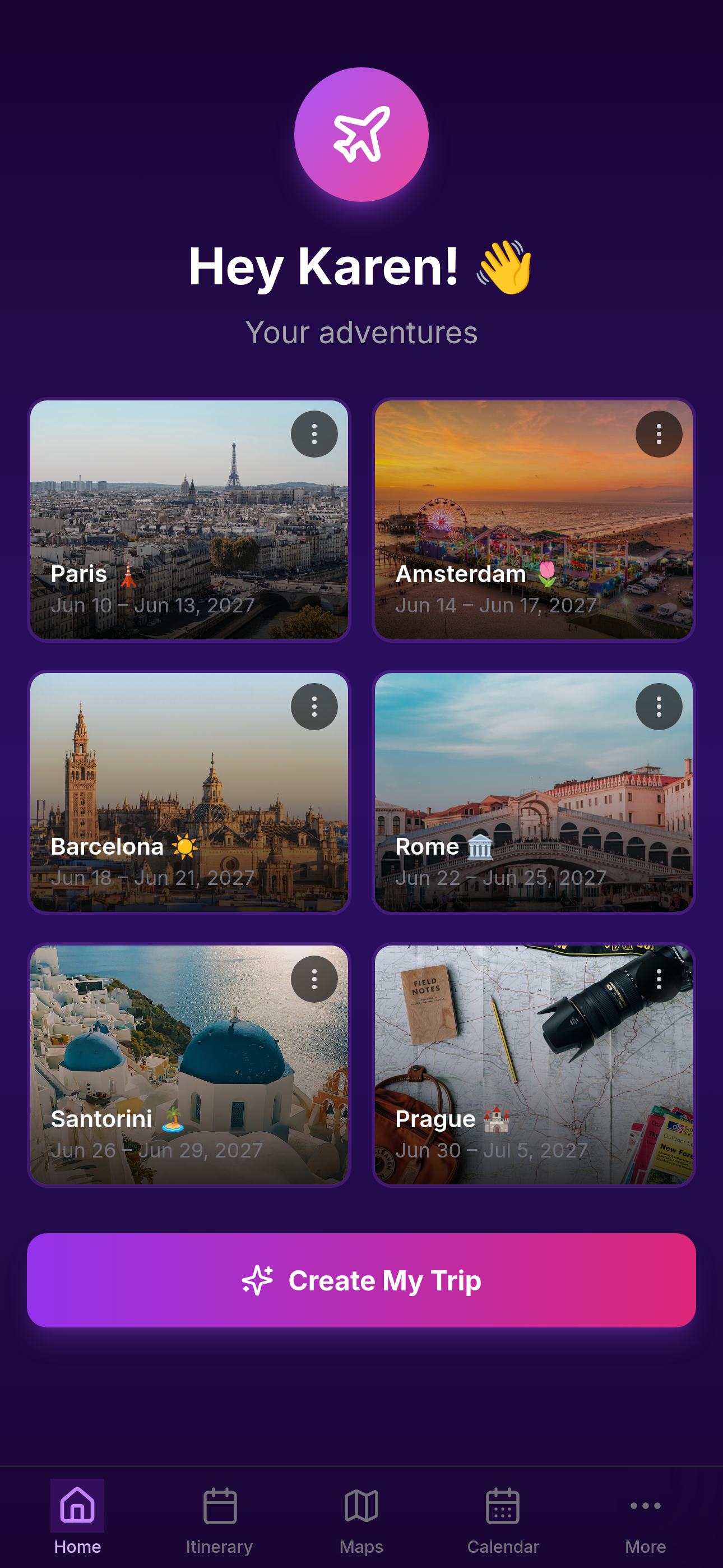 Velora Hub app showing Hey Karen with 6 European trips - Paris, Amsterdam, Barcelona, Rome, Santorini, Prague