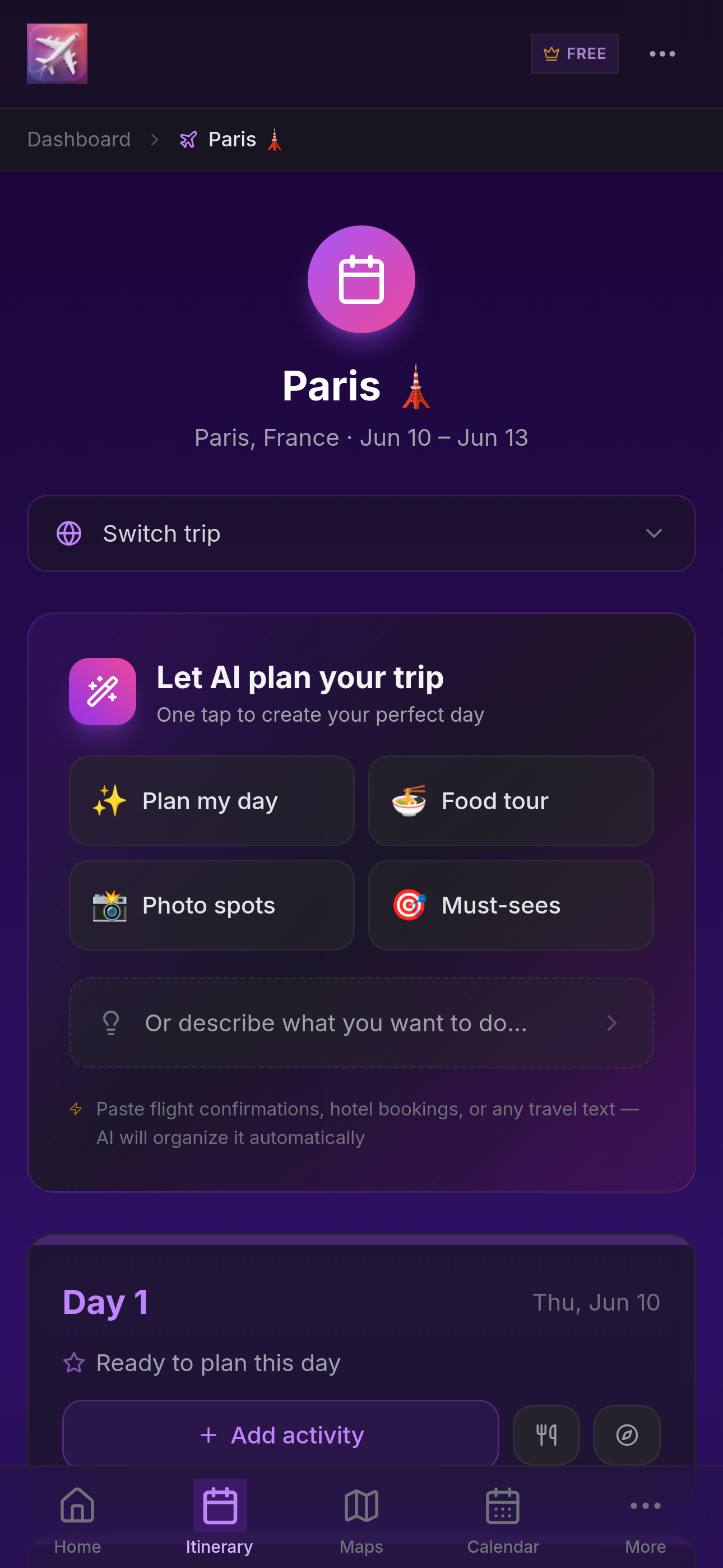 Velora Hub trip itinerary for Paris showing AI planning features - Plan my day, Food tour, Photo spots, Must-sees
