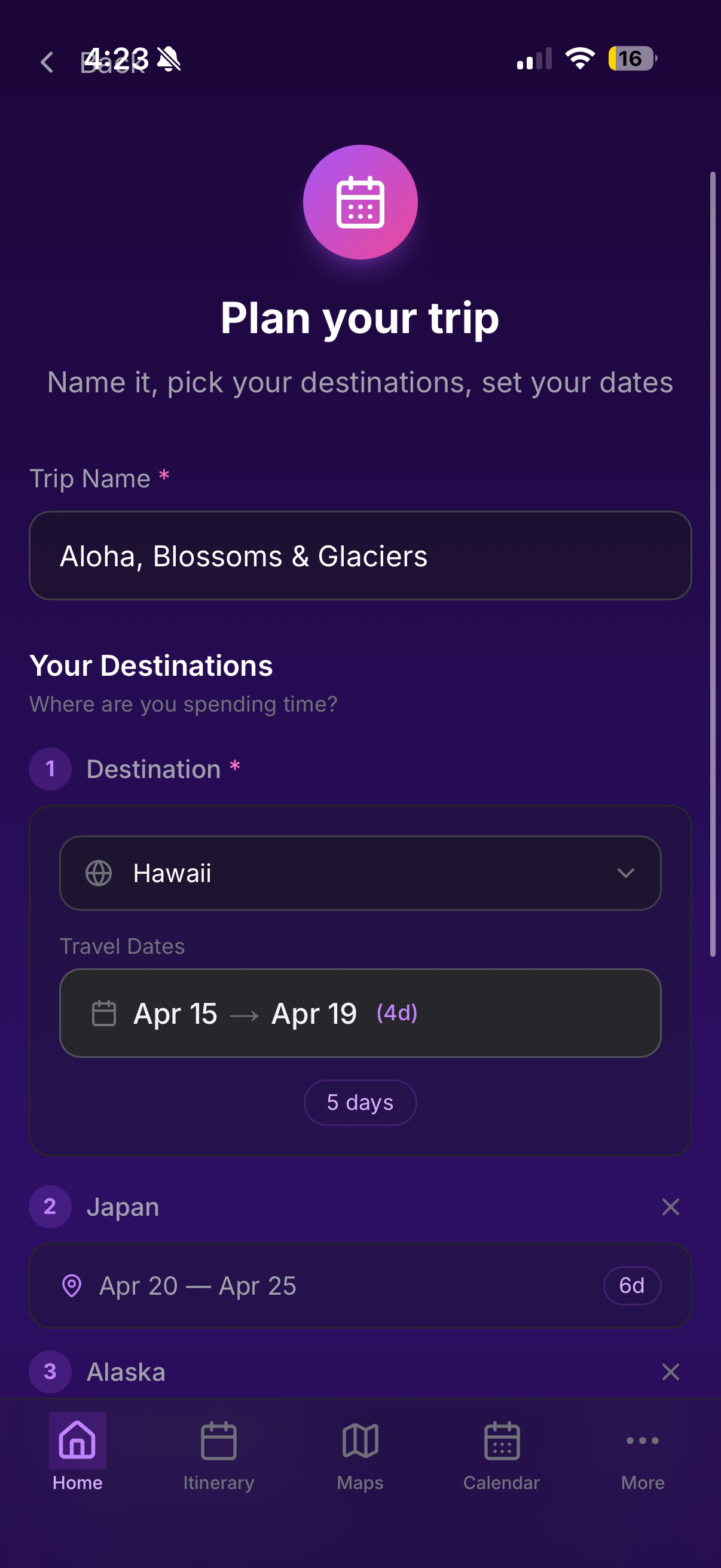 Velora Hub trip planning screen showing multi-destination trip with Hawaii, Japan, and Alaska destinations