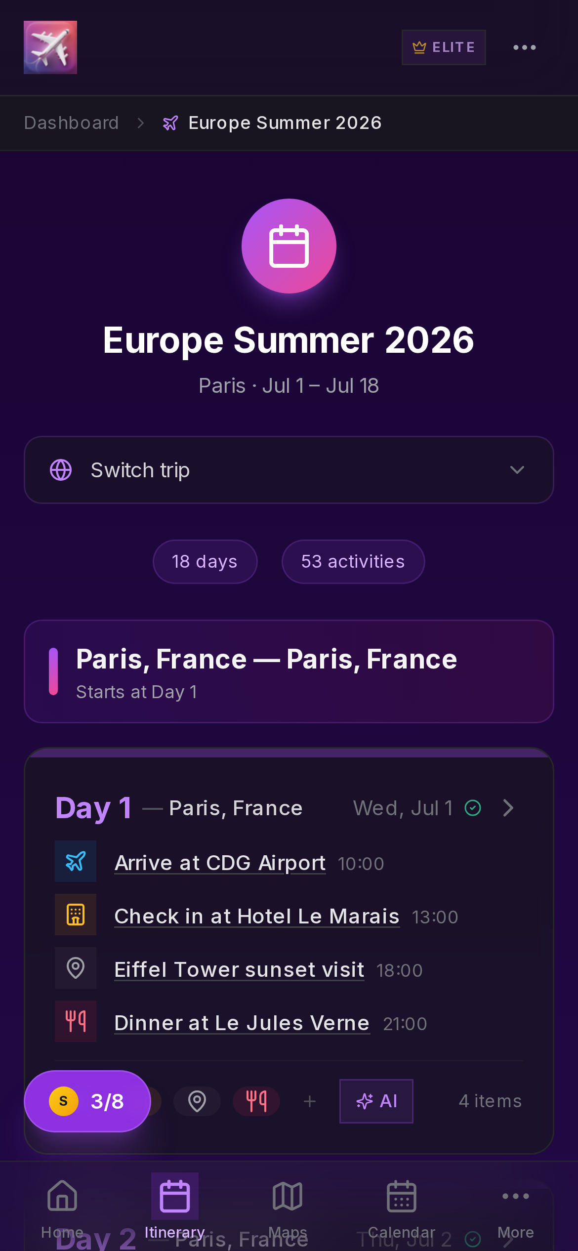 Velora Hub itinerary showing Europe Summer 2026 trip with Paris Day 1 activities — arrival at CDG, Hotel Le Marais check-in, Eiffel Tower sunset, Dinner at Le Jules Verne