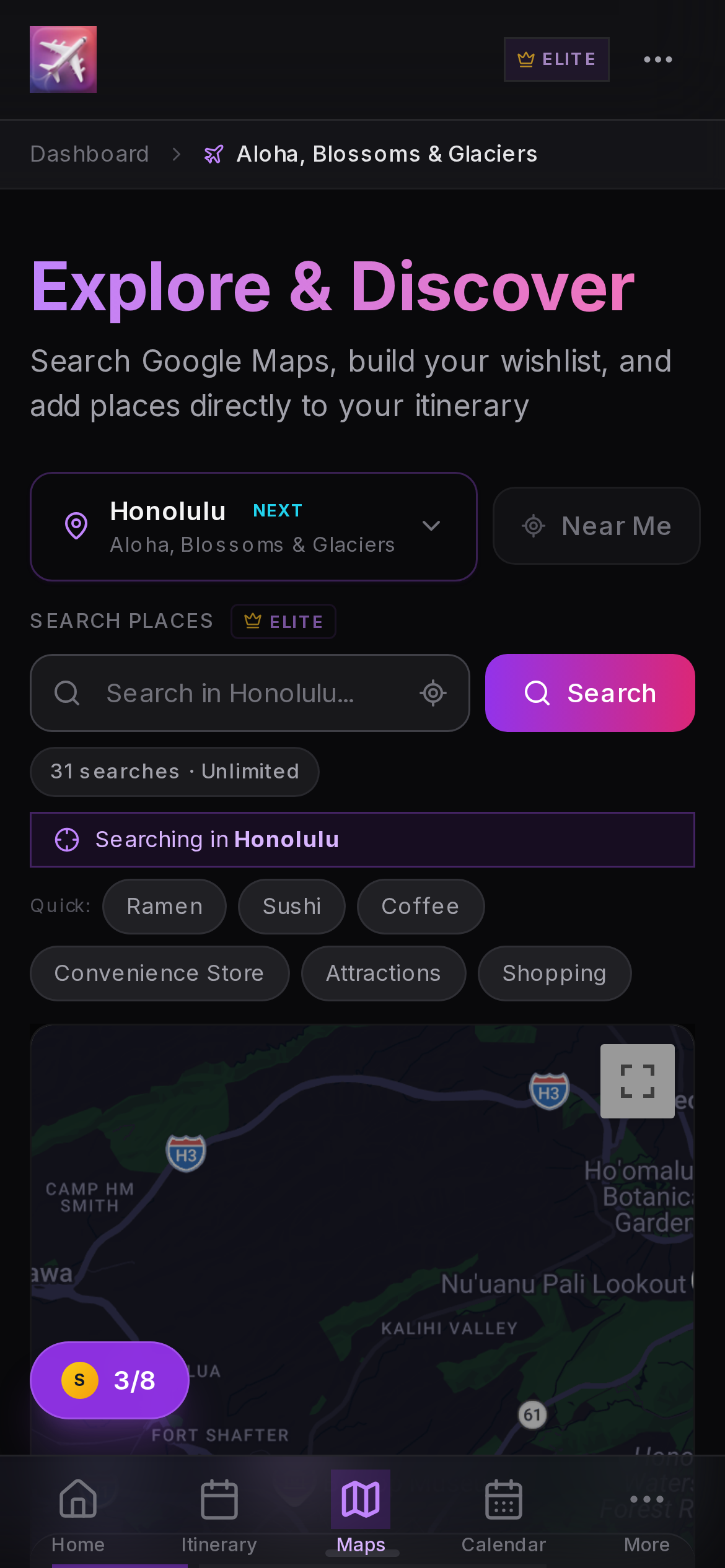 Velora Hub Explore & Discover page showing Google Maps integration with search for places in Honolulu, map view, and category filters for ramen, sushi, coffee, and attractions