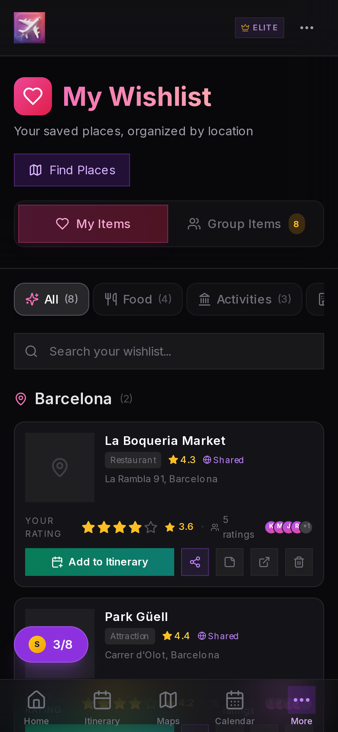 Velora Hub wishlist showing saved places in Barcelona with group star ratings and category filters